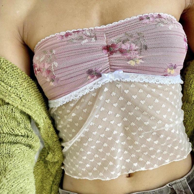 

Women' Tanks Y2k Strapless Tank Top Sweet Aesthetic Women Floral Lace Patchwork Off Shoulder Sleeveless 2000s Vest Streetwear, Pink