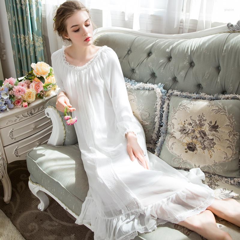 

Women' Sleepwear Nightgowns Spring Autumn Long-sleeved Chiffon Modal Lady Homewear Sweet Court Princess Large-size Women Household Clothes, White