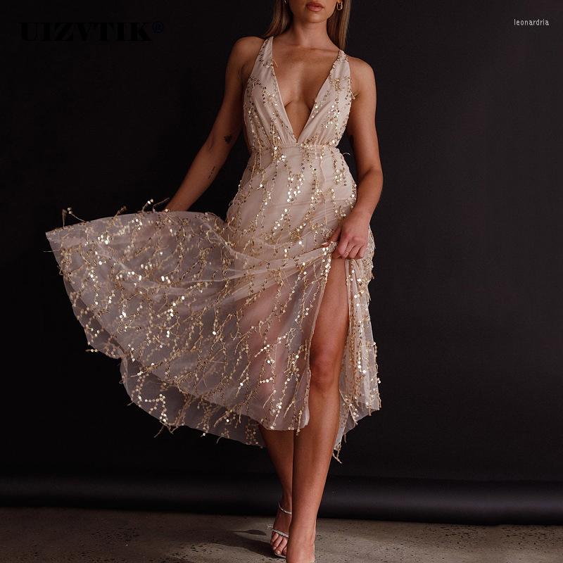 

Casual Dresses Sexy Deep V-neck Spaghetti Strap Evening Wedding Party Long Women 2023 Summer Formal Backless Sequine Tassel Midi Dress, Apricot