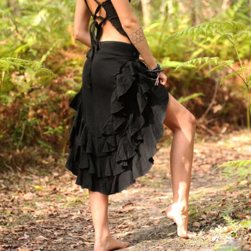 

Skirts Women Summer Wild Irregular Lace Trim Hem Side Ruched For Drawstring Cross Bandage Hips Fishtail, Black
