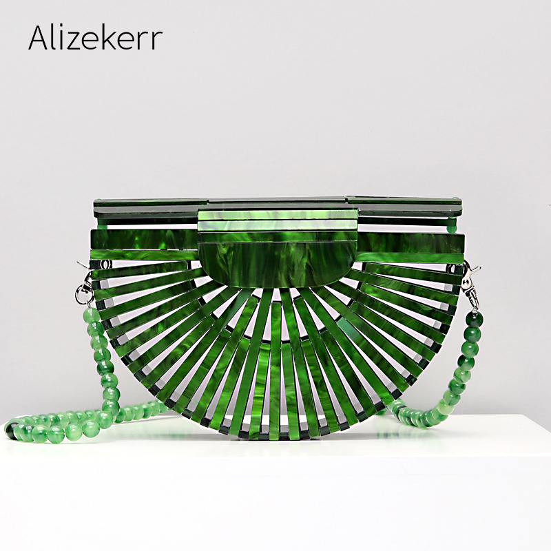 

Evening Bags Acrylic Basket Clutch Women Hollow Out Stone Pattern Half Moon Beach Handbag Beaded Shoulder Holiday 230414, Green pu strap