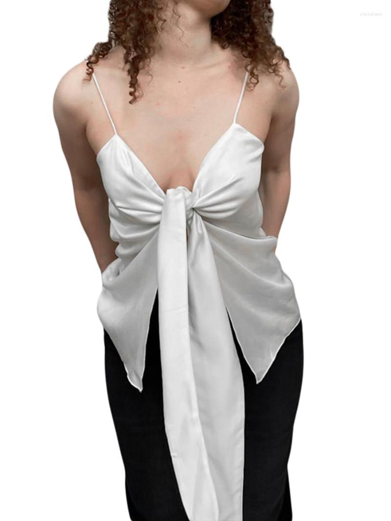 

Women' Tanks Caoirhny Women  Summer Skinny Sling Vest Beige Sleeveless Backless V Neck Ruched Knotted Tops, Biege