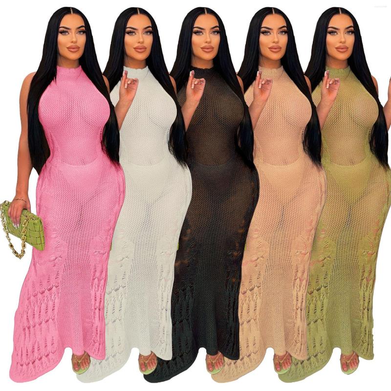 

Casual Dresses 2023 Summer Fashion Round Neck Sleeveless Knitted Sexy See-through Mesh High Waist Hollow Sheath Dress, Black