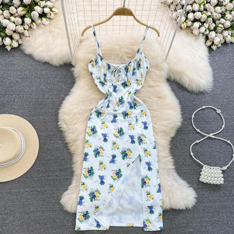 

Casual Dresses Foamlina French Style Sweet Floral Print Women Dress Summer Sexy Lace-up O Neck Sleeveless Strap Split Midi Beach Holiday, Blue