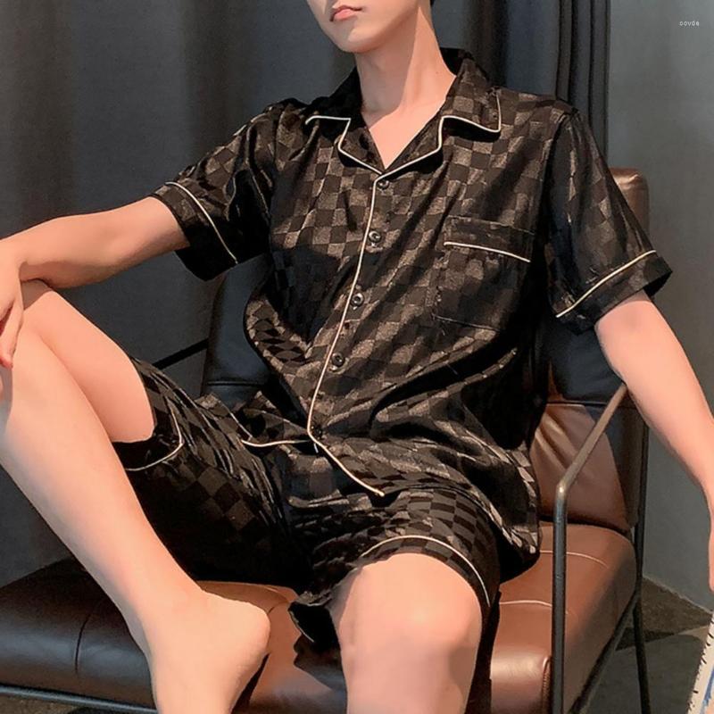 

Men's Sleepwear 2 Pcs/Set Men Pajamas Set Plaid Print Buttons Loose Homewear Turn-down Collar Elastic Waist Shorts Clothes, Black