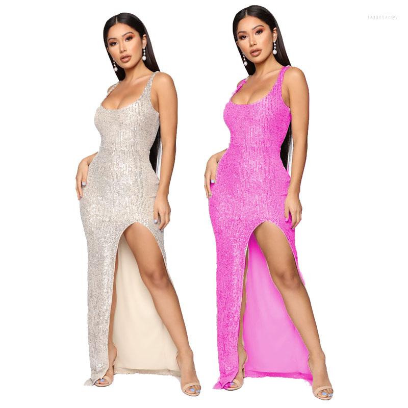 

Casual Dresses 2023 Summer Women' Sequined Low Collar Sleeveless Sling Split Sexy Party Elegant Evening Dress, Creamy-white