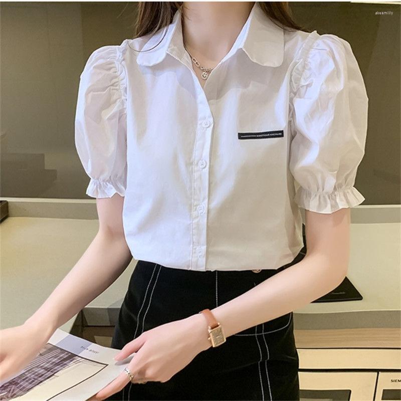 

Women' Blouses Korean Fashion Clothing Lapel Short Puff Sleeve Women Blouse Solid Chic Summer Simple Elegant Tops Black White Ladies Shirts