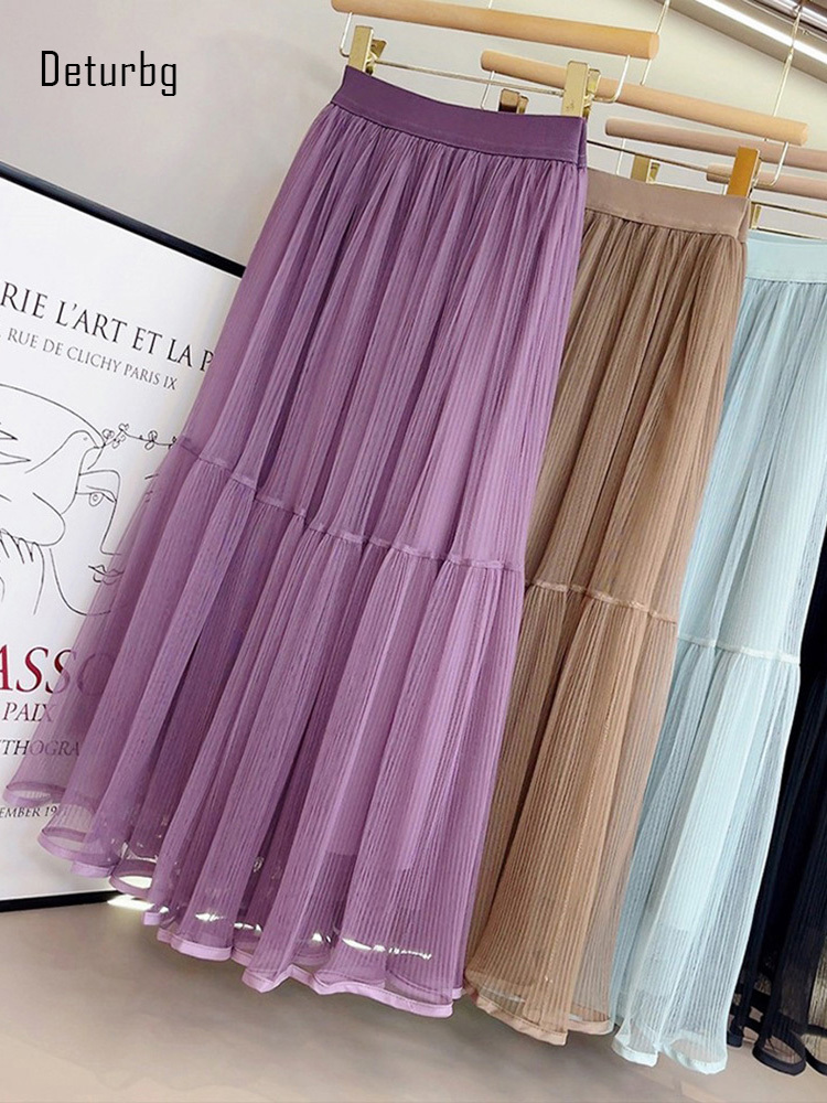 

Skirts Women's Basic Midi Tulle Skirt Elastic High Waist 3 Layered Mesh Formal Prom Party Tutu Pleated Skirts Faldas Spring K233 230414, Purple