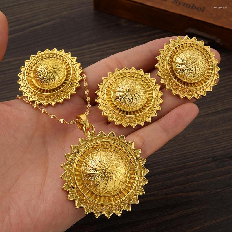 

Necklace Earrings Set Eritrean And Ethiopian Jewelry Pendant Necklaces Ring Bangle For Women Gold Color African Wedding Gifts, Picture shown