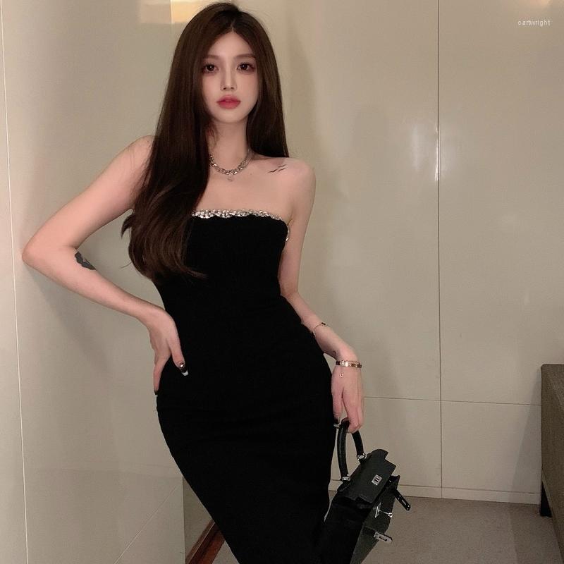 

Casual Dresses French Style Elegant Dress Women Slash Neck Bling Rhinestone Strapless Irregular Vintage Party Sexy Lady Fashion, Black short dress