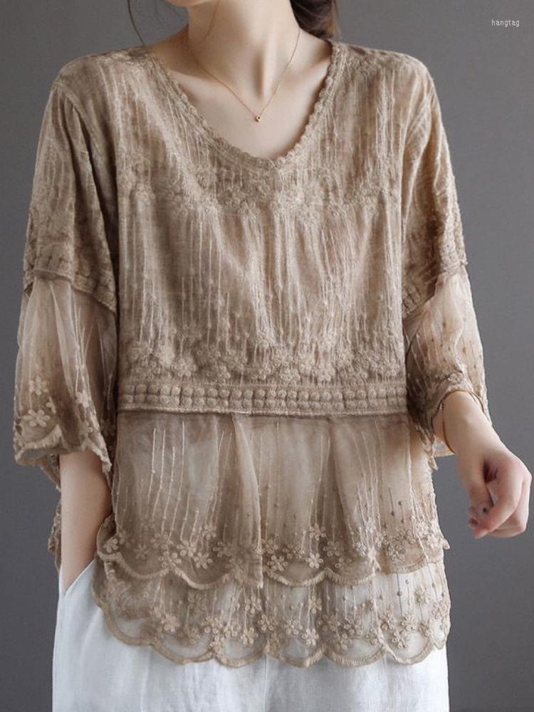

Women's Blouses Vintage Embroidery Mesh Lace V Neck Half Sleeve Cotton Linen Ladies Tops Summer Vacation Women Casual Loose Solid Shirts, Khaki