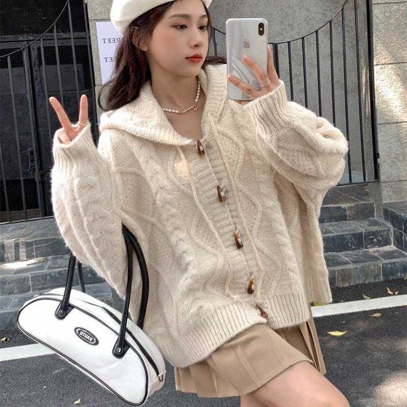 

Preppy Style Horn Button Twist Hooded Sweater Womens Autumn And Winter Soft, Milky white
