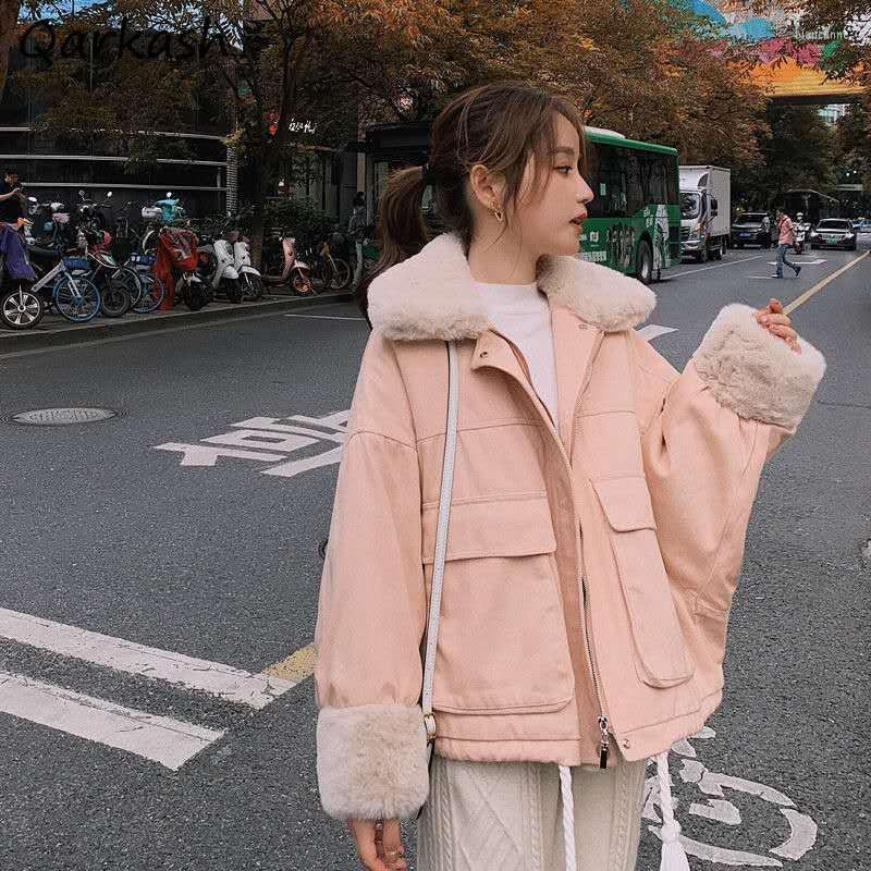 

Women's Trench Coats Short Style Parkas Women Patchwork Design Teens Fashion All-match Loose Ulzzang Thicker Cozy Ropa De Invierno Mujer, Pink