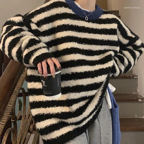 

Women's Sweaters Loose Contrast Collar Design Striped Long Sleeved Sweet Sweater Women Fall Winter Crewneck Pullover Top Leisure Office Lady, Black white
