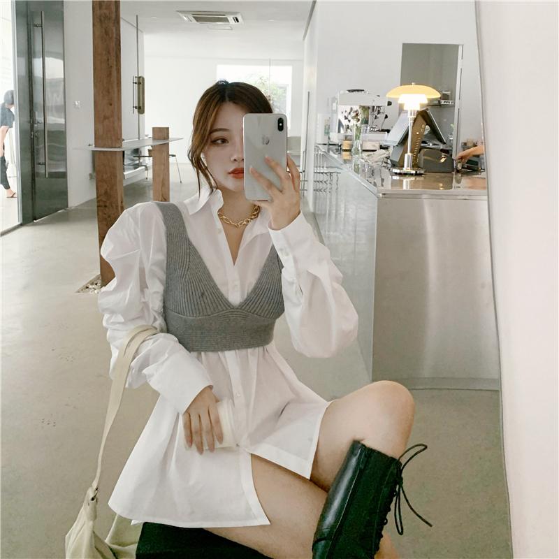 

Women's Blouses & Shirts Temperament And Fashion Mid-length Shirt V-neck Knitted Waistcoat Two-piece Autumn Casual Loose Oversized Solid Lap, Picture color