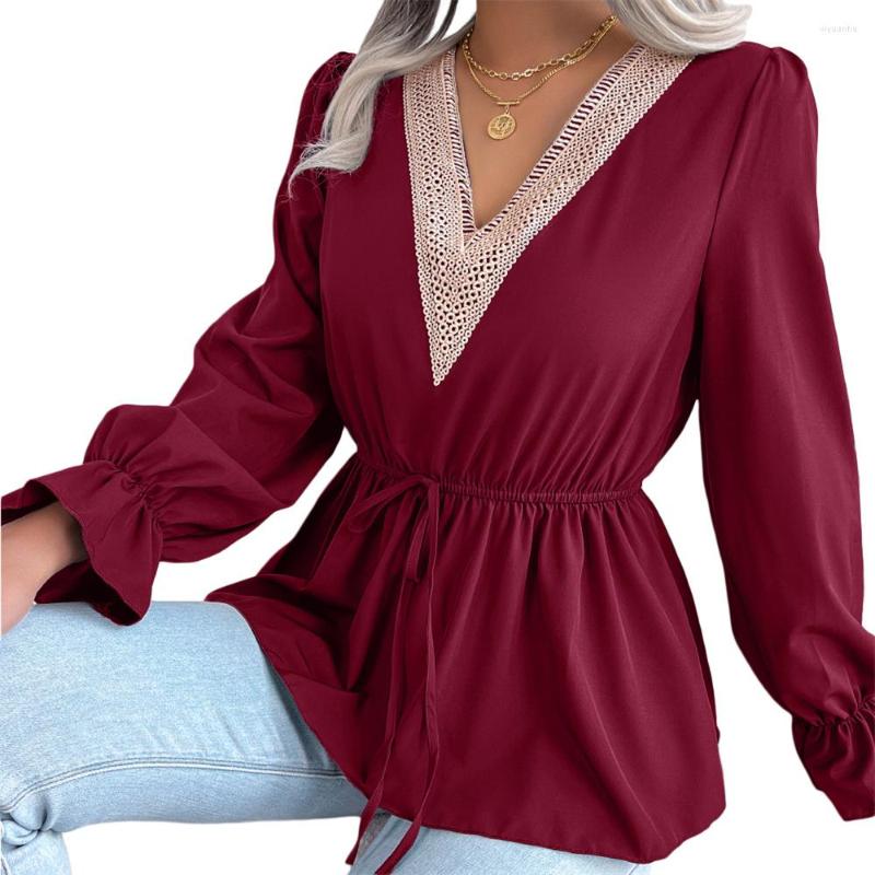 

Women' Blouses TETYSEYSH Women Ruffled Chiffon Shirt Patchwork Casual V-neck Lace-up Loose Tops Long Sleeve Pleated Summer Streetwear, Green