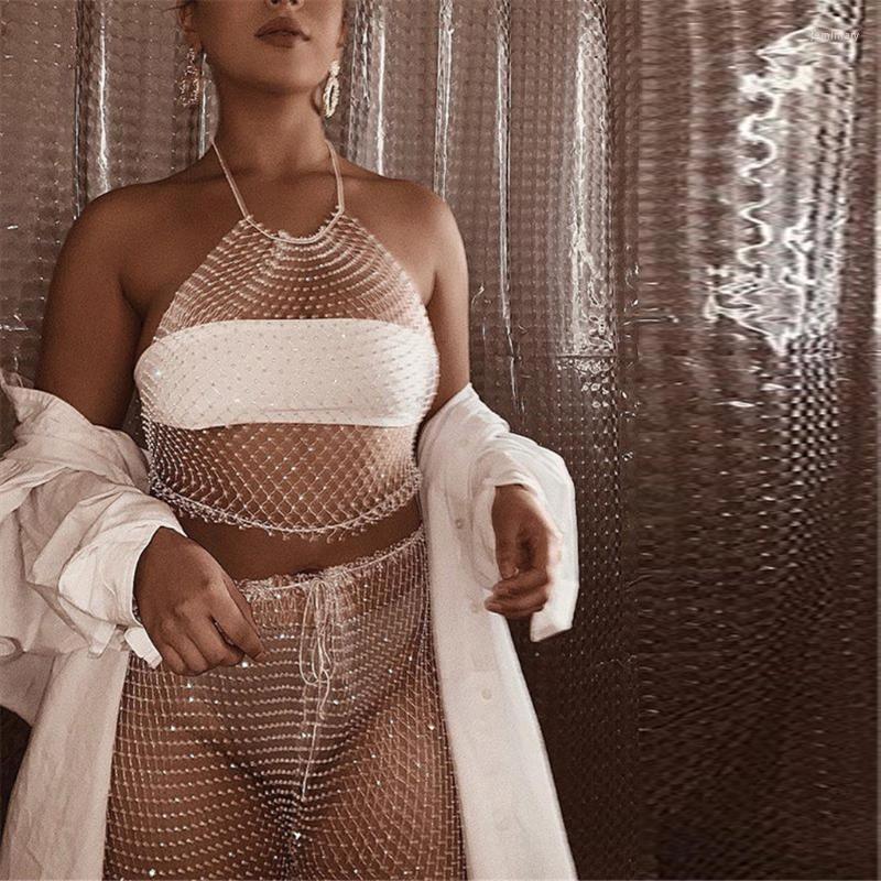 

Women's Tracksuits Elastic Suit Fishnet See Summer Out Rhinestone Sexy Hollow Through Women Suits & SetsWomen's, White