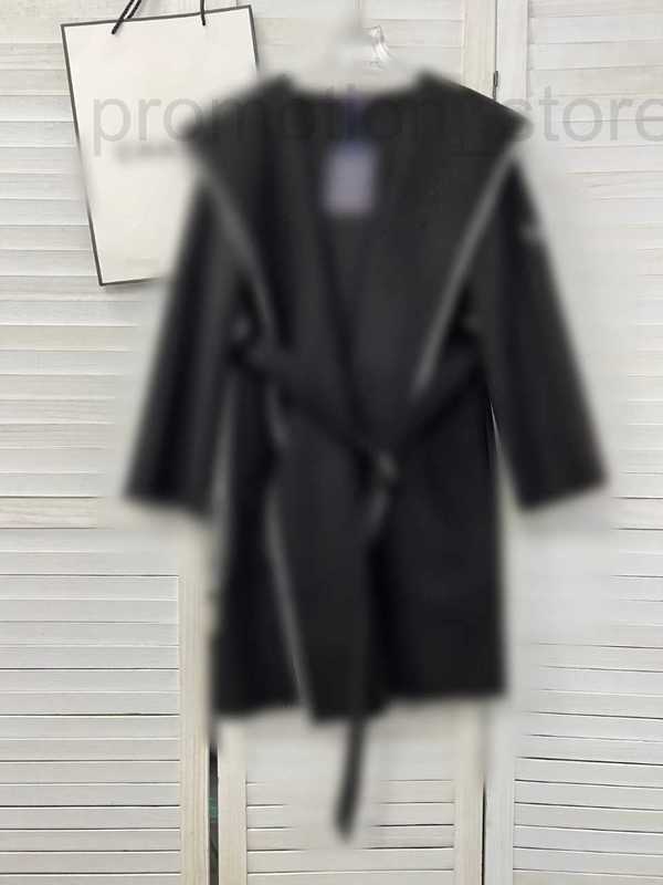 

Women' Wool & Blends designer Autumn and winter new hand-wrapped edge cashmere coat long  leather casual loose trench 13T5, Black3
