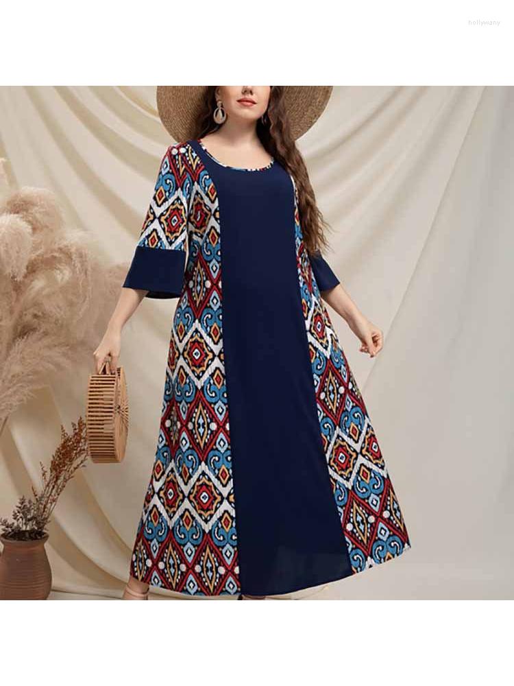 

Plus Size Dresses Plus-size High-waist Elasticated Waist Print Dress Women's Color-block Thin, Navy blue