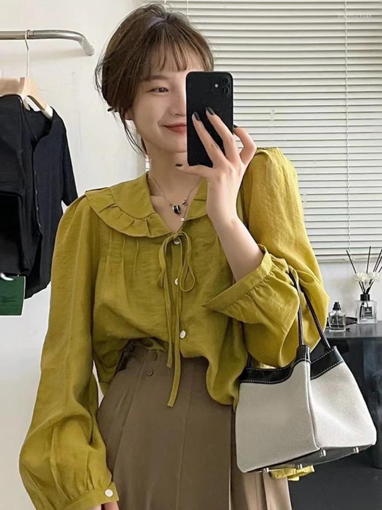 

Women's Blouses Korean Chic Summer Tie Ruffled Doll Collar Top All-match Loose Solid Color White Long-sleeved Sunscreen Shirt, Green