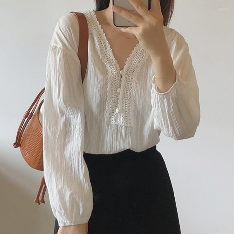 

Women' Blouses 2023 Elegant Loose Ladies Shirt V-neck Lace White Blouse Women Casual Long Sleeve Tops And Mujer Blusas Clothes 26079