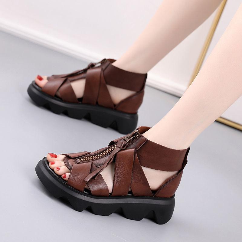 

Sandals Soft Leather Thick-soled Women's Soft-soled Slope With Non-slip Retro Summer Rome High-top Increased Sponge Cake Bottom, Brown
