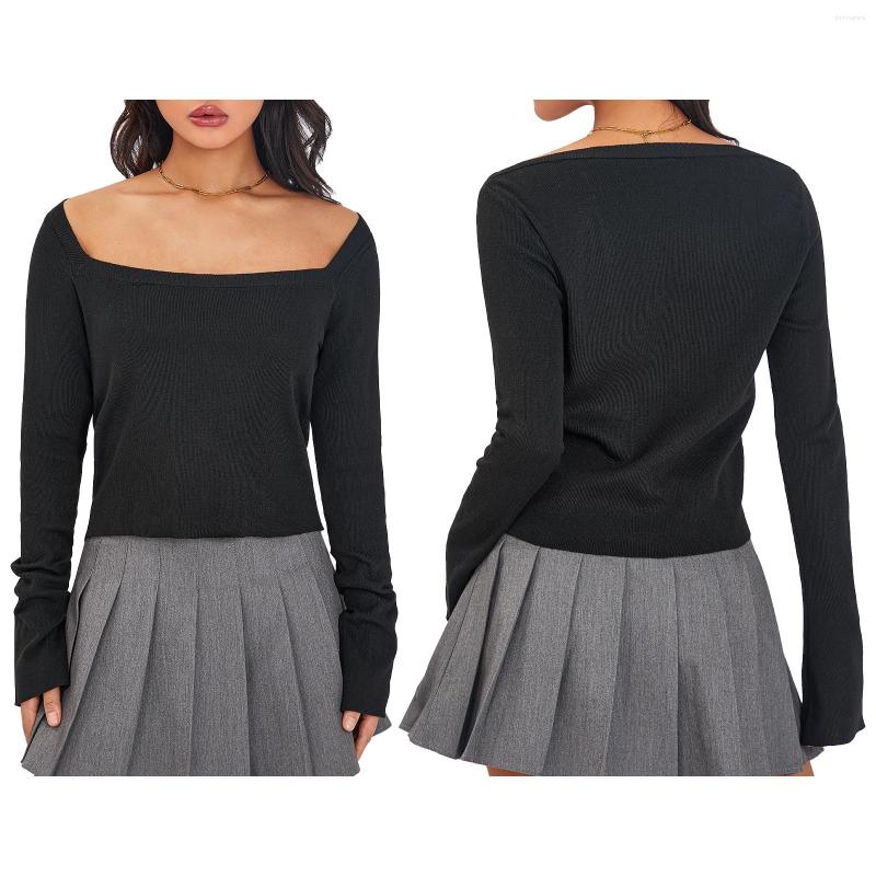 

Women' T Shirts Women Shirt Long Sleeve Boat Neck Solid Color Casual Party Street Spring Short Tops Black