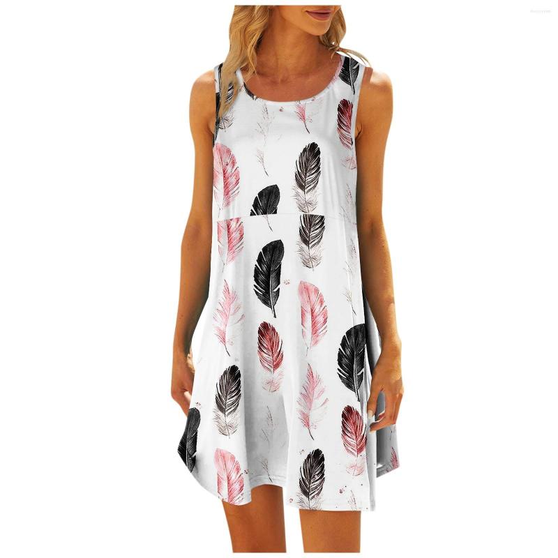 

Casual Dresses 2023 Spring/summer Elegant Ladies A-line Skirt Sleeveless Feather Print Women' Dress 3d Printed Knee-length Beach, Beige