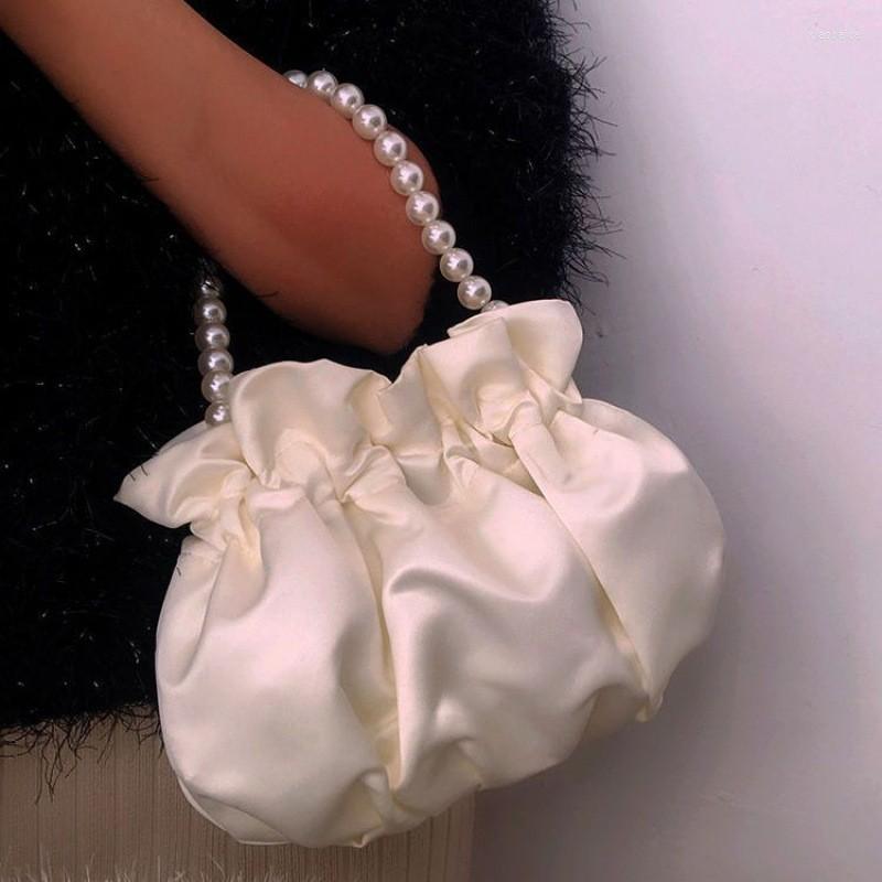 

School Bags Pearl Bag Small Satchel Handbag Women's Foreign Style Portable Cloud White Leather Tote, Beige