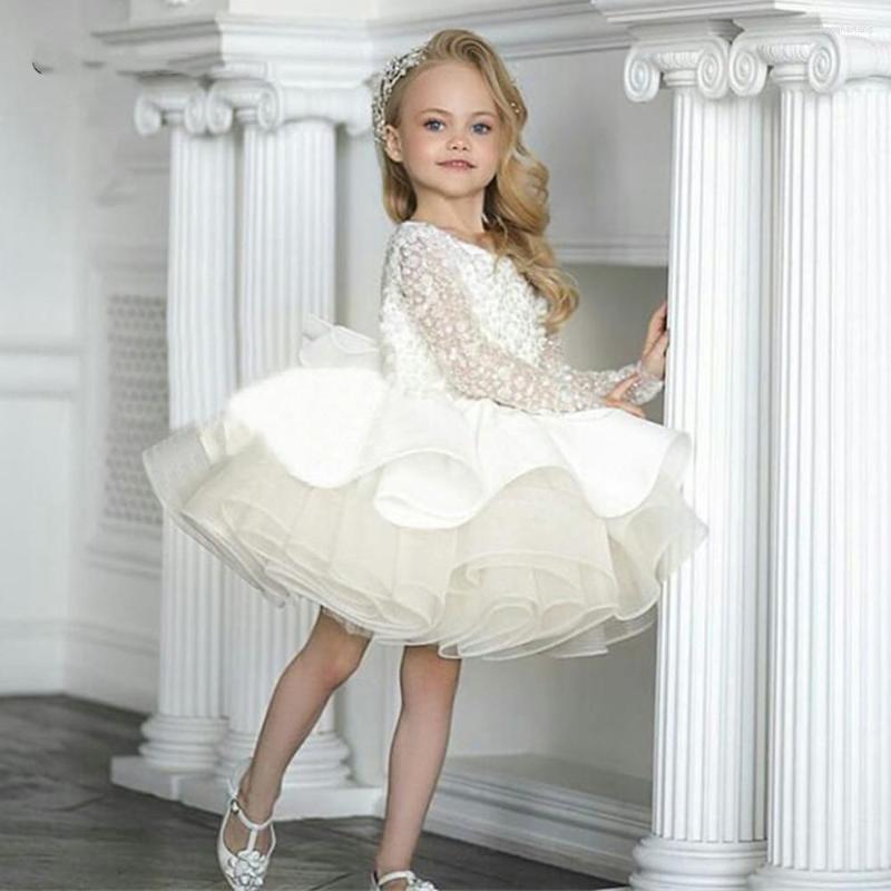 

Girl Dresses Elegant Prom Dress Summer Ivory Tulle Long-Sleeved Princess Wedding First Communion Beauty Pageant, All white