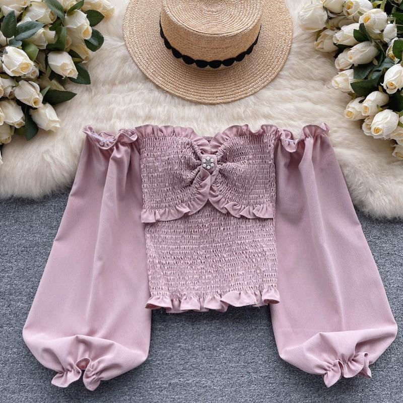 

Women's Blouses Korejepo Sexy Off Shoulder Top Chiffon Summer Bubble Sleeve Pleated Elastic Girl Shirt Tops 2023 Age Reducing Romantic, Pink