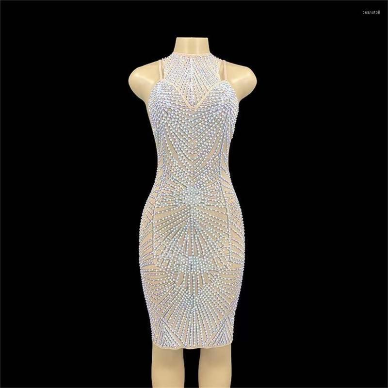 

Stage Wear Nude Shining Rhinestones Sexy Spaghetti Strap Back Tassel Hollow Out Women Dress Nightclub Party Clothing Singer Costume
