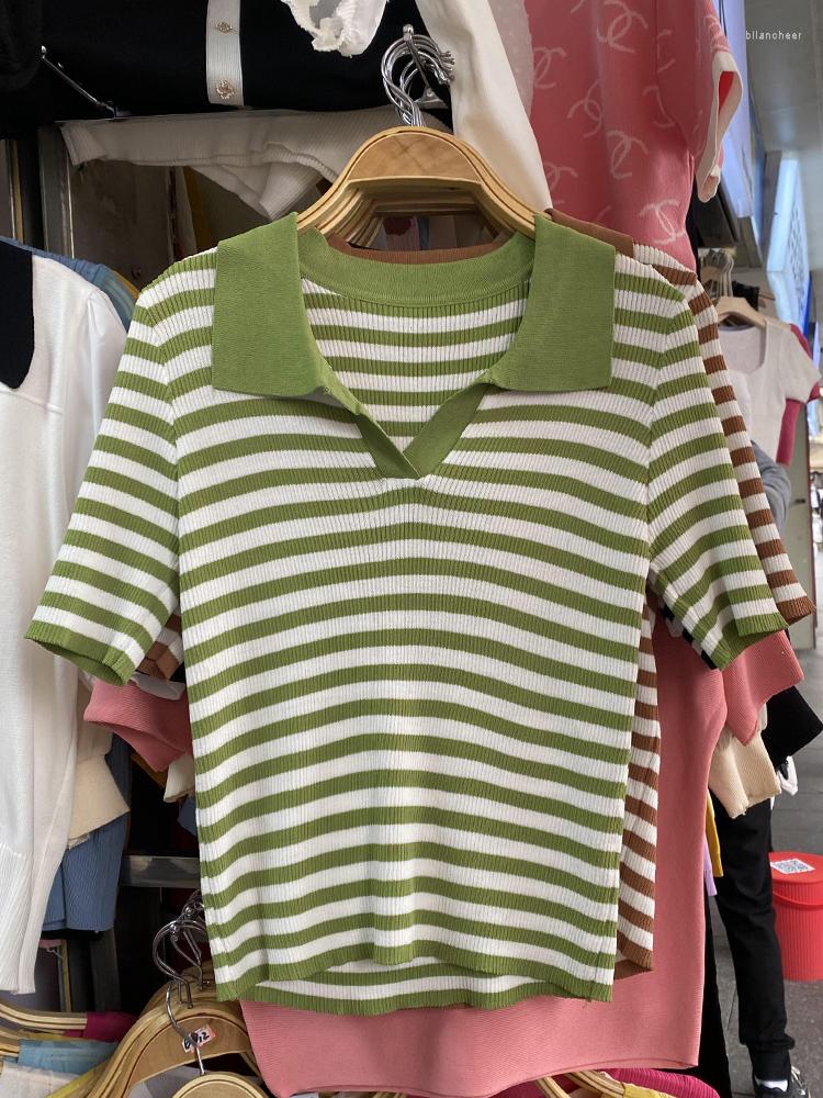 

Women's Blouses Korean Fashion Casual Striped Simple For Women V-neck Short Sleeve Blouse Woman Knitted Top Slim Drop, Green