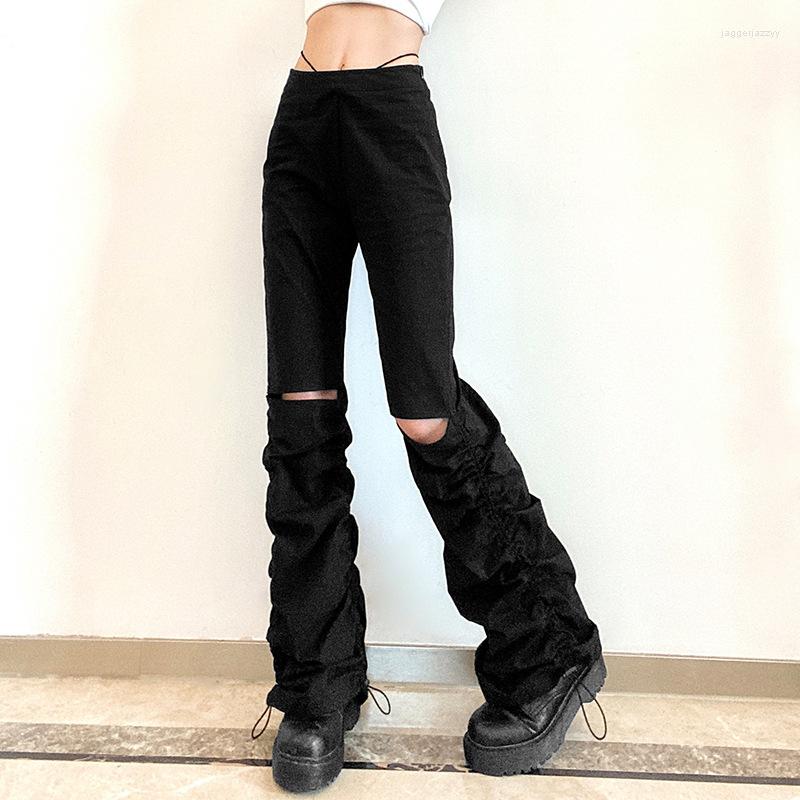 

Women' Pants 2023 Summer Goth Women Fashion Fold Drawstring Hollow Casual Black Girl High Waist Slim Flare Punk Trousers