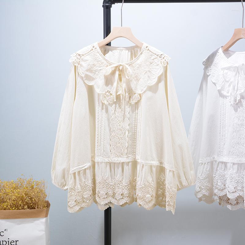 

Women's Blouses Spring Sweet Mori Series Embroidered Long Sleeved Shirt Women Large Lapel Hook Flower Hem Casual Tops ML1996, Beige