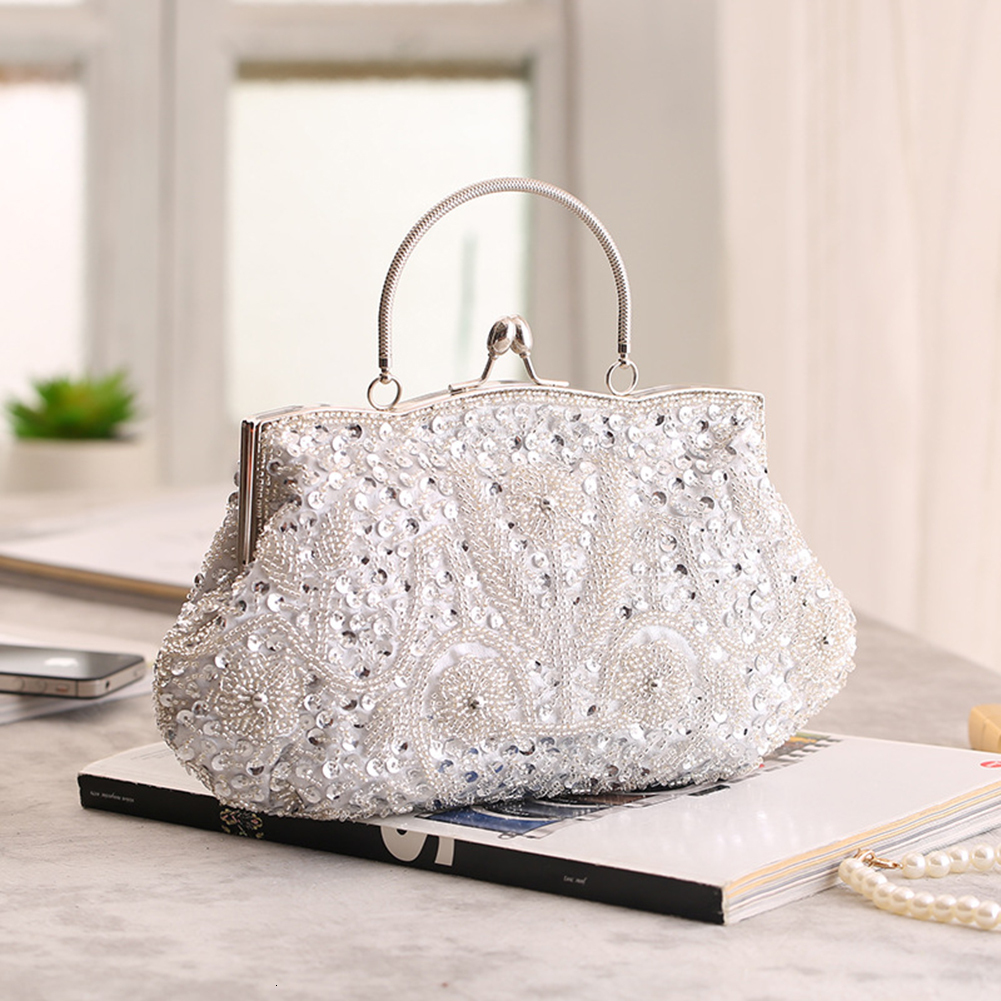 

Evening Bags Vintage Clutch Evening Bag Female Metal Handle Satin Beading Lady Clutch Bags Handmade Shinny for Bride Party for Wedding Dinner 230414, Blue