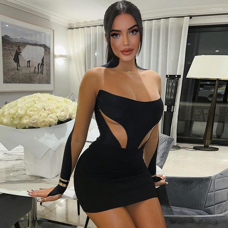 

Casual Dresses Mesh Transparent Mini Women Slim Round Collar Ladies Outfits Long Sleeve Fashion Elegant Female Stitching Dress 2023, Black