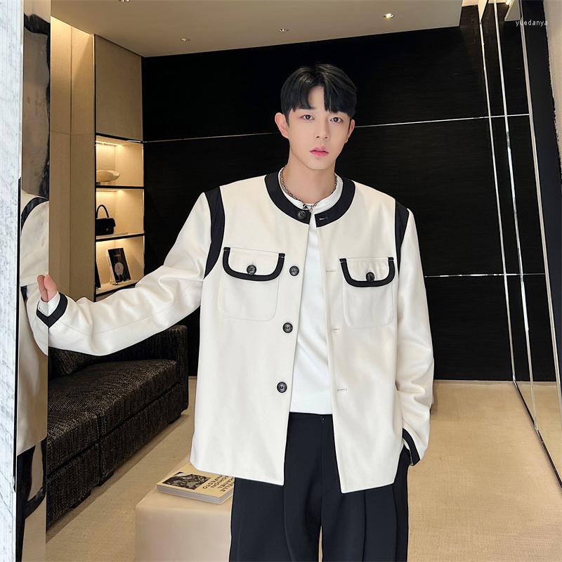 

Men's Jackets SYUHGFA Fashion Contrast Color Jacket Trendy Male Round Collar Single Breasted Coat 2023 Spring Personalized, Apricot white