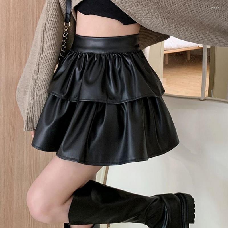 

Skirts Women Short Skirt Pleated Hem Faux Leather Spring Autumn, Beige