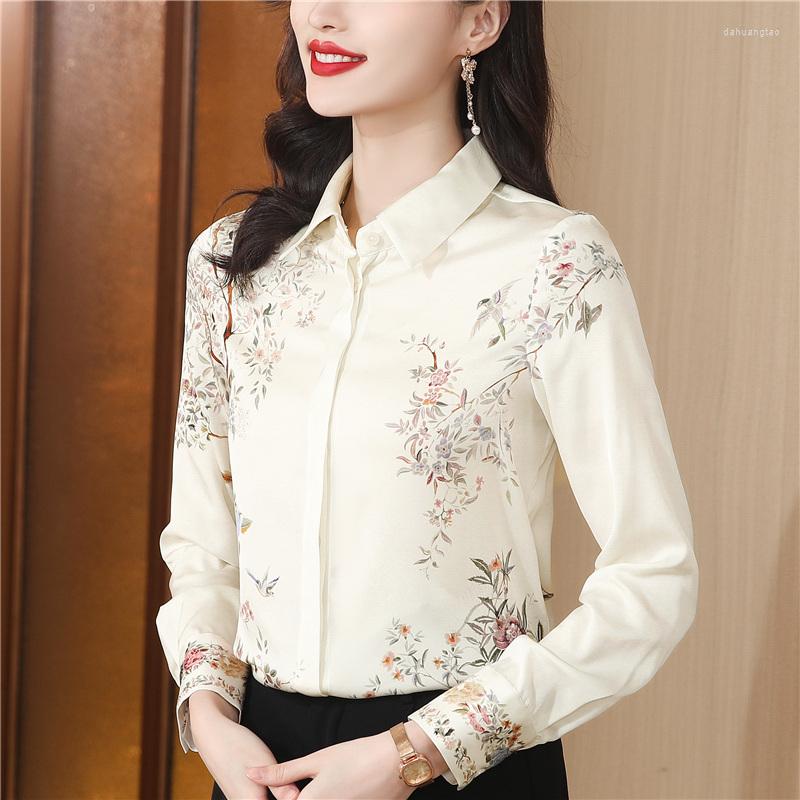 

Women' Blouses Satin Shirt For Women Summer 2023 In Floral Printed Casual Silk Loose Fashion Long Sleeve Top Turn-down Collar, Image color
