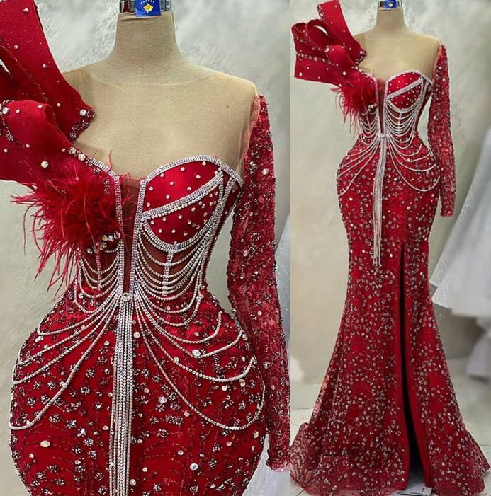 

2023 April Aso Ebi Red Mermaid Prom Dress Beaded Crystals Sexy Evening Formal Party Second Reception Birthday Engagement Gowns Dresses Robe De Soiree ZJ521, Dark navy