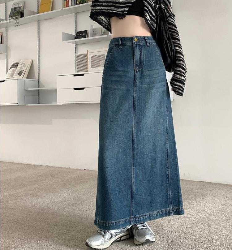 

Retro Denim Skirt For Women Autumn Niche High Waist Loose Cross Body Slimming Long, Blue