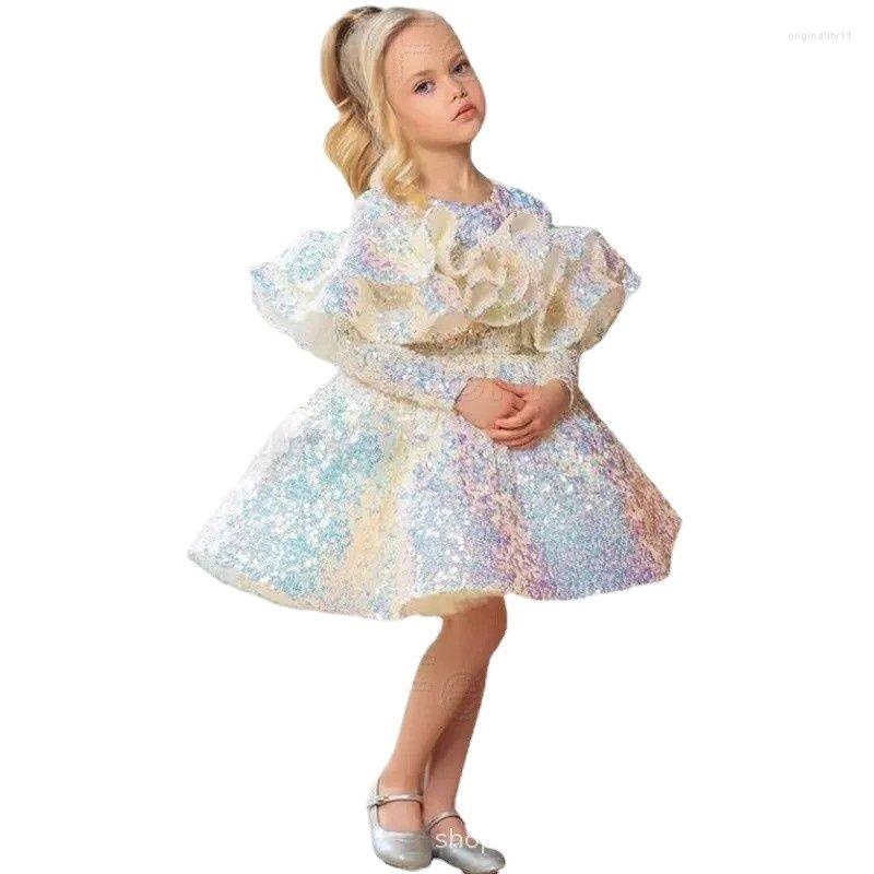 

Girl Dresses Flower Girls' Sequin White Baby Velvet Full Sleeves Knee Length Bow Puffy First Communion Christmas Gowns
