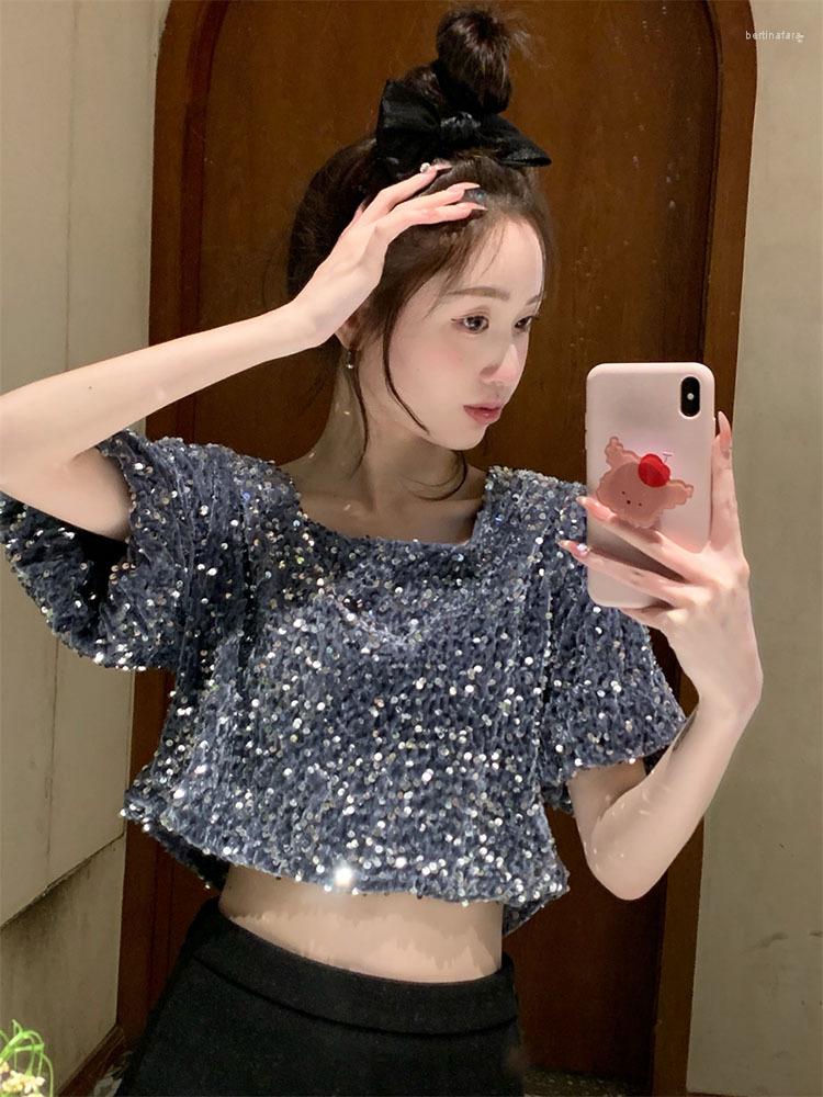 

Women's T Shirts Heavy Industry Sequin T-shirt Women's Design Sense Niche Loose All-match Short Round Neck Temperament Fried Street, Black