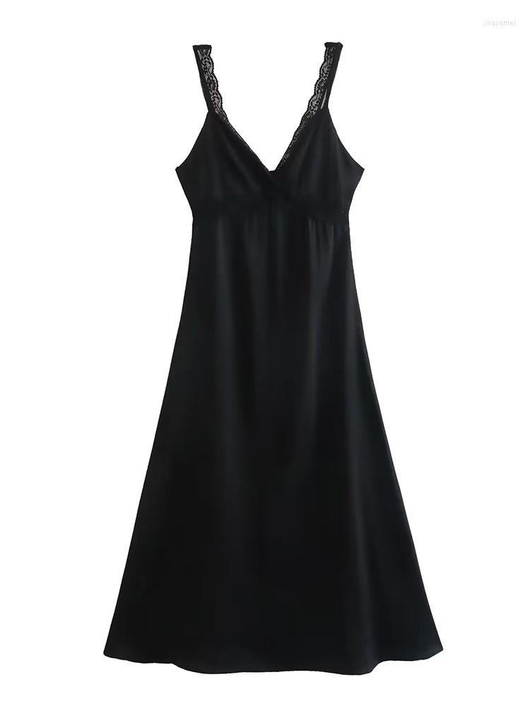 

Casual Dresses YENKYE Women Black Lace Patchwork Sling Dress Zipper Backless Ladies Party Sexy Midi Vestido