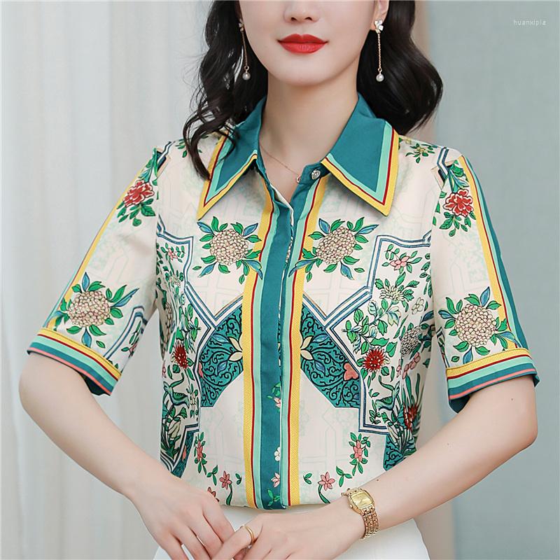 

Women' Blouses Satin Shirt For Women Summer 2023 In Floral Print Casual Loose Short Sleeve Silk Fashion Top Turn-down Collar, Image color
