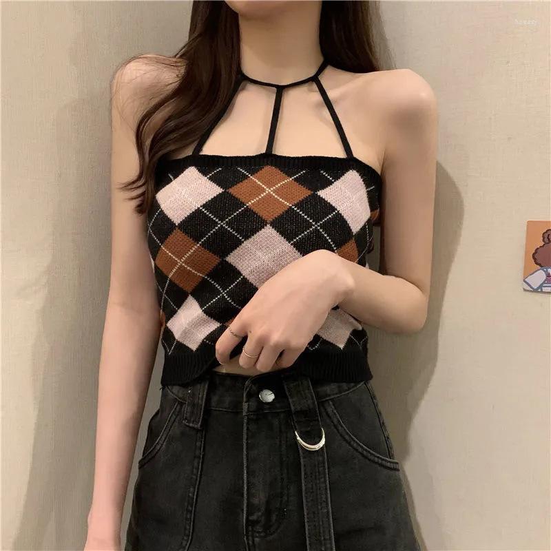 

Women's Tanks Retro Rhombic Knitted Neck Sling Vest With Slim Bottoming Shirt Inside And Sexy Top Outside., Black