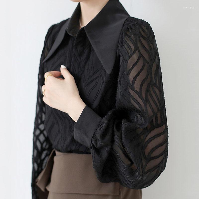 

Women's Blouses Black Lace Embroiery Women Shirts Summer Vintage 2023 Lantern Sleeved Loose Elegant Office Lady Outwear Tops