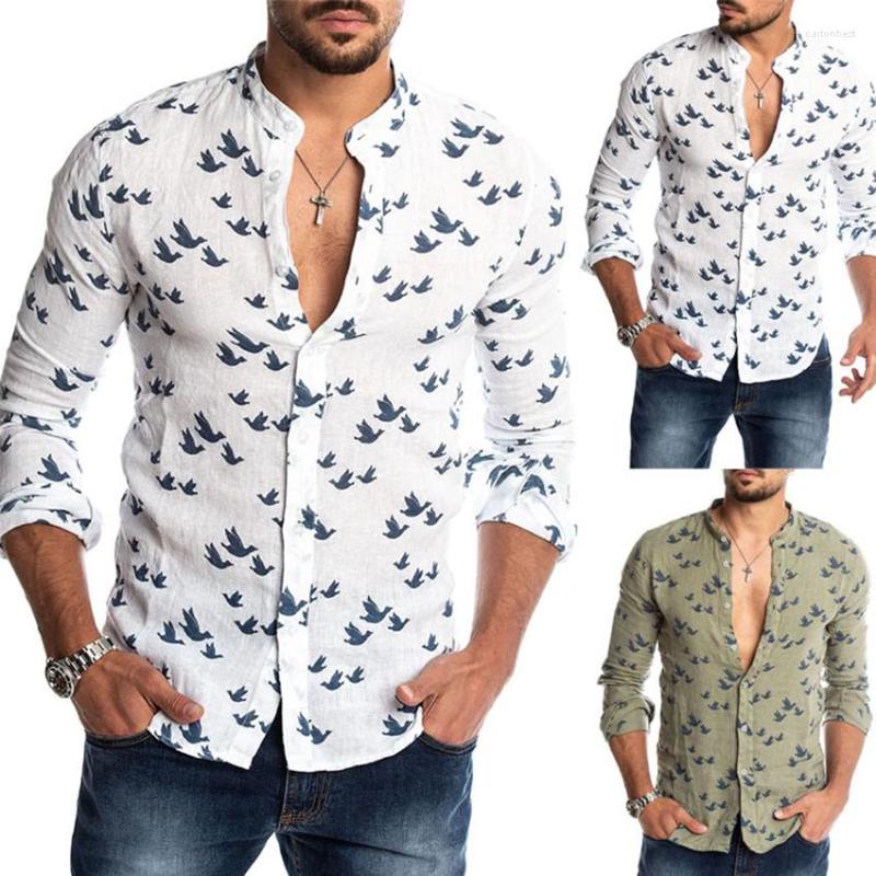 

Men's Casual Shirts Men's Bird Print T-shirts Stand Collar Slim Fit T Shirt For Men Long Sleeve Button Tops Man Clothing, Green