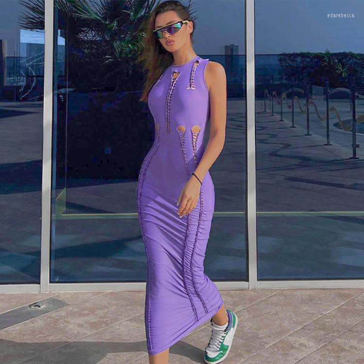 

Casual Dresses Fashion Pullover Summer Maxi Dress Slim Hollow Out Skirt Elegant Solid Color Sleeveless Long Skirts For Women, Black